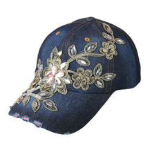 Load image into Gallery viewer, Diamond-Studded Flower Denim Distressed Cap