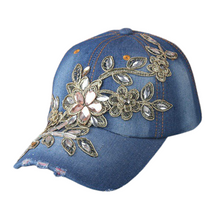 Load image into Gallery viewer, Diamond-Studded Flower Denim Distressed Cap