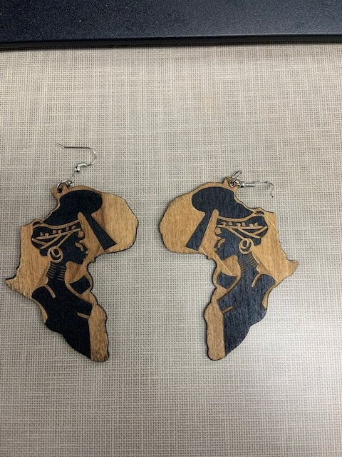 African Woman Wood Earrings